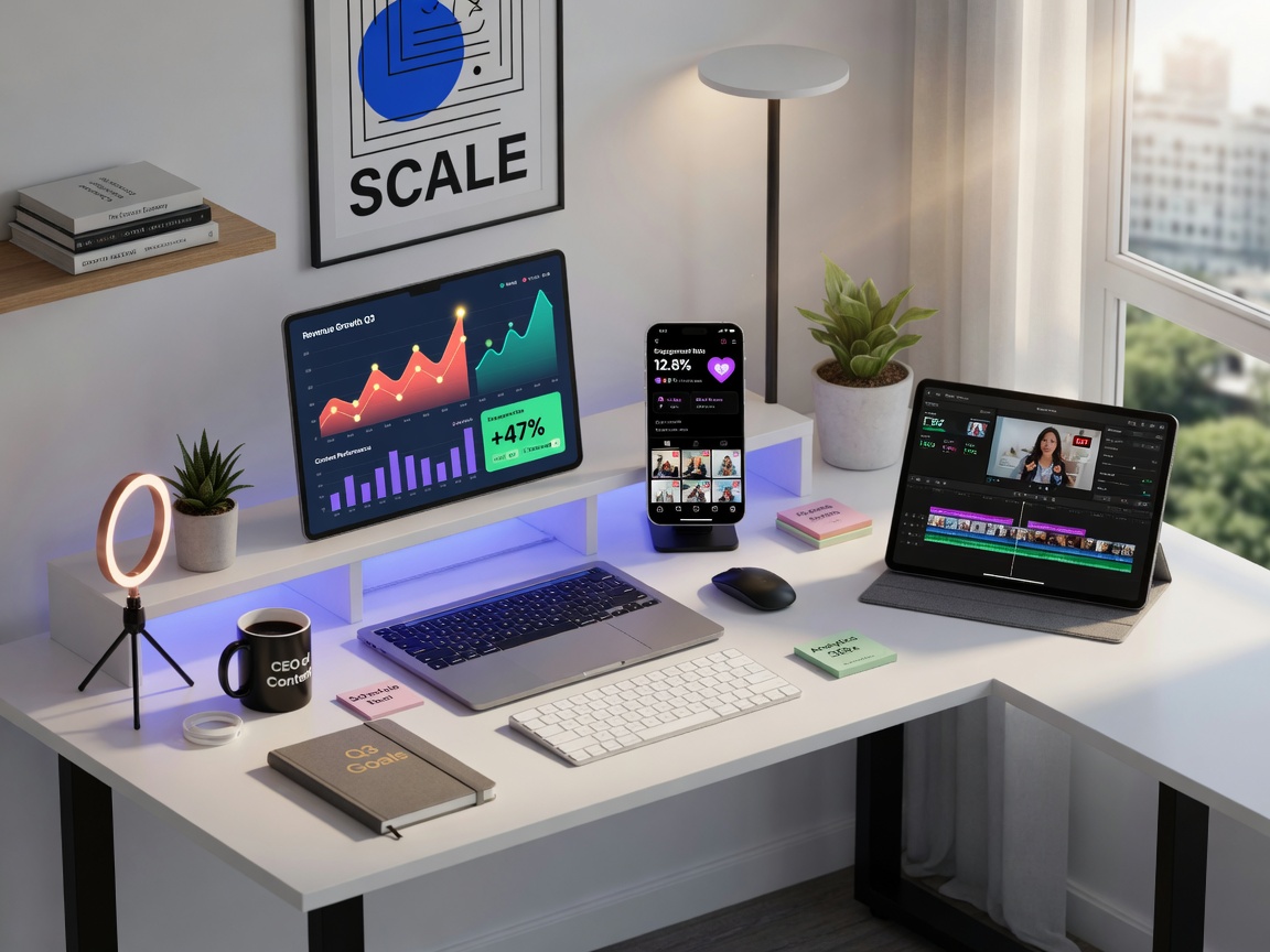 One to three main tools per stage across four stages: solo weekly output stabilized from 5 posts to 12–14
