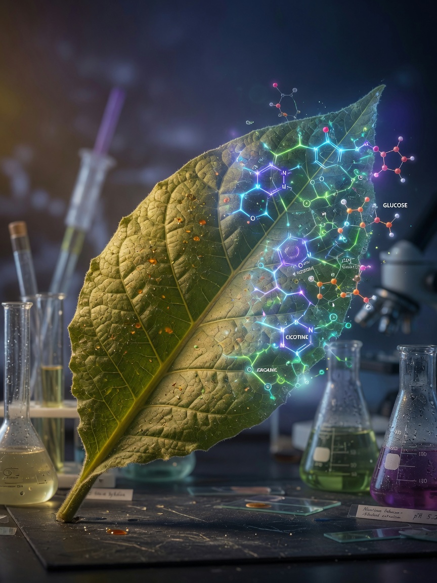 Illustrative lab report of mid-leaf powder: reducing sugar ~22%, total sugar ~26%, nicotine ~2.4%, total nitrogen ~1.9%.