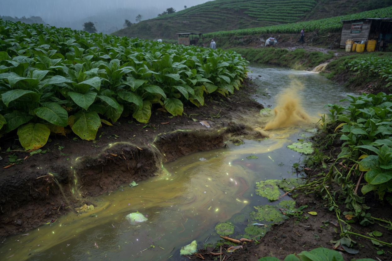 Drainage ditches in tobacco fields connect directly to rivers; after rain, yellow water carrying fertilizer and pesticide residues flows into tributaries