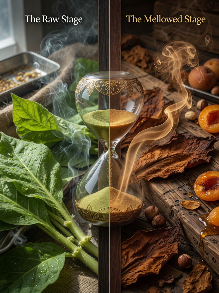 Отношение между временем выдержки и вкусом — не бесконечно восходящая прямая: сначала круто, затем полого, а в конце, возможно, вниз; короткий срок зарабатывает чистоту и гладкость, долгий даёт избыточную отдачу только сырью особой конституции.